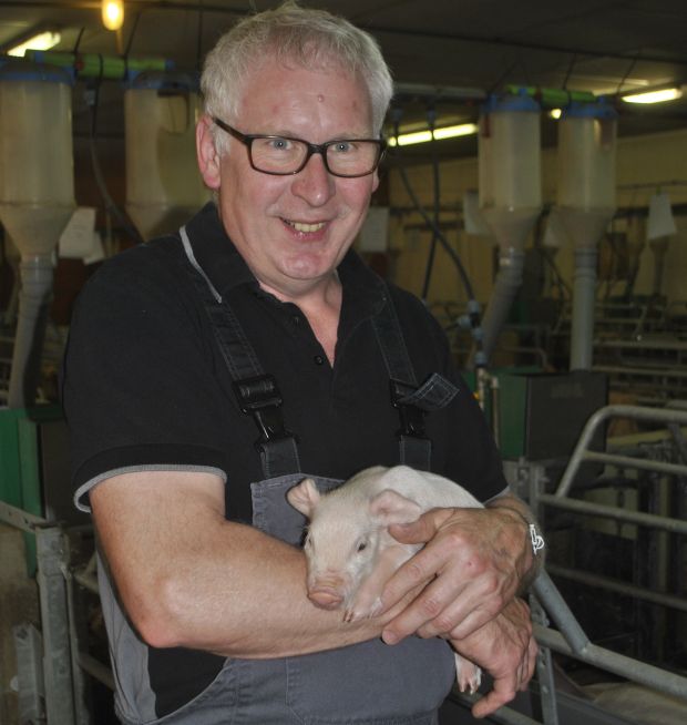Andreas Schmies mit einem Ferkel. Andreas Schmies mit einem Ferkel.