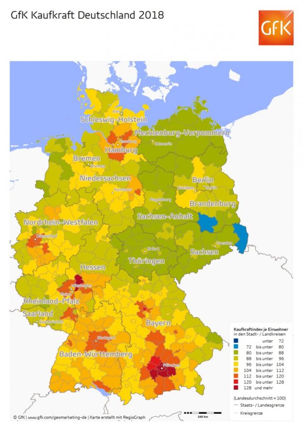 Nach einer Studie der GfK steigt die Kaufkraft der Deutschen im Jahr 2018 auf 22.992 Euro pro Kopf. Die Grafik zeigt die Kaufkraft nach Bundesländern und Stadt- sowie Landkreisen. Die Farbe zeigt den Kaufkraftindex an. Blau steht für eine schwache Kaufkraft, Dunkelrot für eine besonders hohe Kaufkraft. Nach einer Studie der GfK steigt die Kaufkraft der Deutschen im Jahr 2018 auf 22.992 Euro pro Kopf. Die Grafik zeigt die Kaufkraft nach Bundesländern und Stadt- sowie Landkreisen. Die Farbe zeigt den Kaufkraftindex an. Blau steht für eine schwache Kaufkraft, Dunkelrot für eine besonders hohe Kaufkraft.