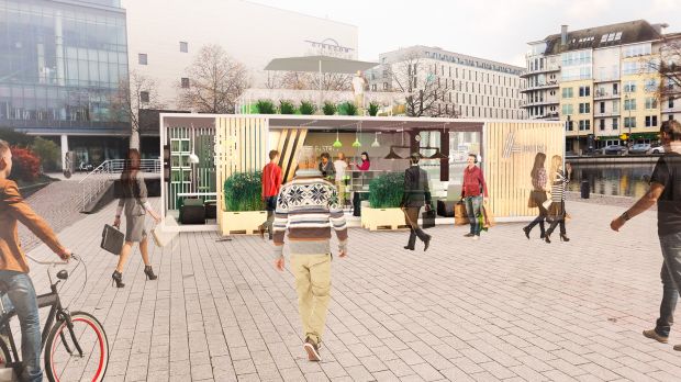 Dezent in die Fassade des Pop-up-Bistros im Kölner Mediapark integriert: das Aldi-Logo. Dezent in die Fassade des Pop-up-Bistros im Kölner Mediapark integriert: das Aldi-Logo.