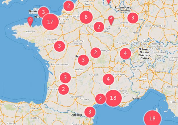 In einer interaktiven Karte werden ab sofort die Ergebnisse der seit dem 1. März 2017 durchgeführten staatlichen Lebensmittelkontrollen in Frankreich veröffentlicht. Die roten Kreise stehen für Überwachungsergebnisse in fleischerhandwerklichen Betrieben (Boucherie & Charcuterie). In einer interaktiven Karte werden ab sofort die Ergebnisse der seit dem 1. März 2017 durchgeführten staatlichen Lebensmittelkontrollen in Frankreich veröffentlicht. Die roten Kreise stehen für Überwachungsergebnisse in fleischerhandwerklichen Betrieben (Boucherie & Charcuterie).
