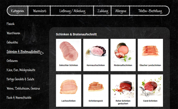 Große Auswahl: Das Sortiment der Metzgerei ist in Kategorien eingeteilt, aus denen man auswählen kann – etwa von welchem Tier das Fleisch stammen soll, oder ob es beispielsweise Wurst, Grillgut oder Gehacktes sein soll. Große Auswahl: Das Sortiment der Metzgerei ist in Kategorien eingeteilt, aus denen man auswählen kann – etwa von welchem Tier das Fleisch stammen soll, oder ob es beispielsweise Wurst, Grillgut oder Gehacktes sein soll.