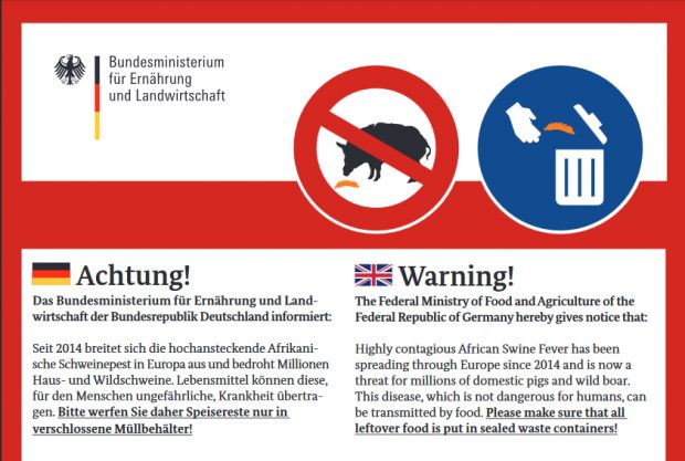 Warnplakat des BMEL zur Afrikanischen Schweinepest. Warnplakat des BMEL zur Afrikanischen Schweinepest.