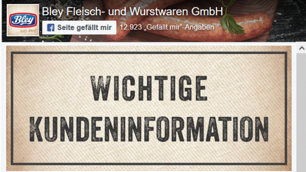 Über Facebook und auf seiner Internet-Seite informierte die Bley Fleisch- und Wurstwaren GmbH über den Schädlingsbefall. Über Facebook und auf seiner Internet-Seite informierte die Bley Fleisch- und Wurstwaren GmbH über den Schädlingsbefall.