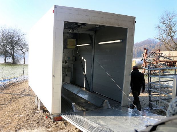 Mobiler Teil des Schlachtbetriebs: Der Anhänger mit Tandem-Achse kann direkt an den Stall oder auf die Weide gefahren werden. Mobiler Teil des Schlachtbetriebs: Der Anhänger mit Tandem-Achse kann direkt an den Stall oder auf die Weide gefahren werden.