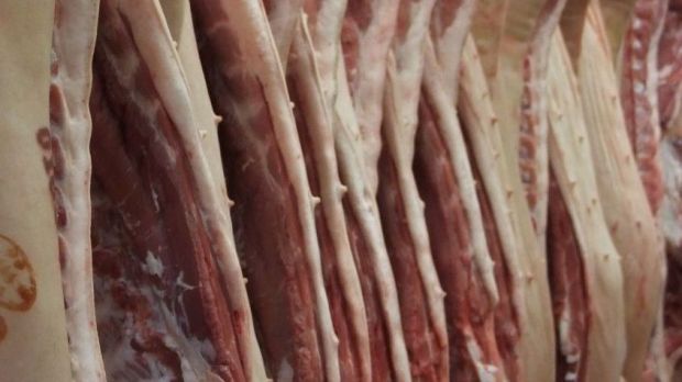 Schweinehälften im Kühlhaus. Schweinehälften im Kühlhaus.